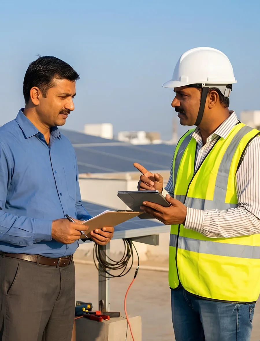 Asawar Krishi Energy technician checking a solar panel array on site